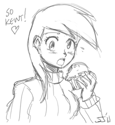 Size: 900x978 | Tagged: safe, artist:johnjoseco, character:derpy hooves, species:human, eating, female, food, grayscale, humanized, monochrome, muffin, solo