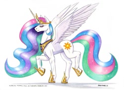 Size: 1115x813 | Tagged: safe, artist:baron engel, character:princess celestia, bedroom eyes, female, looking at you, raised hoof, raised leg, smiling, solo, spread wings, traditional art, wings