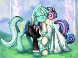 Size: 2000x1500 | Tagged: safe, artist:silfoe, character:bon bon, character:lyra heartstrings, character:sweetie drops, ship:lyrabon, bow tie, clothing, female, hilarious in hindsight, lesbian, shipping, wedding