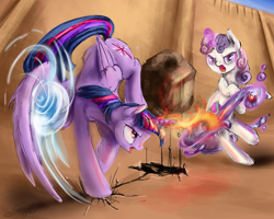Size: 5000x4000 | Tagged: safe, artist:silfoe, character:sweetie belle, character:twilight sparkle, character:twilight sparkle (alicorn), species:alicorn, species:pony, airbending, avatar the last airbender, crossover, earthbending, female, fight, firebending, mare, waterbending