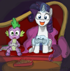 Size: 837x850 | Tagged: safe, artist:johnjoseco, character:rarity, character:spike, species:dragon, species:pony, species:unicorn, ship:sparity, colored, controller, couch, dark, fainting couch, female, frown, levitation, looking at you, magic, male, mare, open mouth, raised eyebrow, rarigamer, shipping, sitting, smiling, straight, telekinesis, unicorn master race, video game, wide eyes