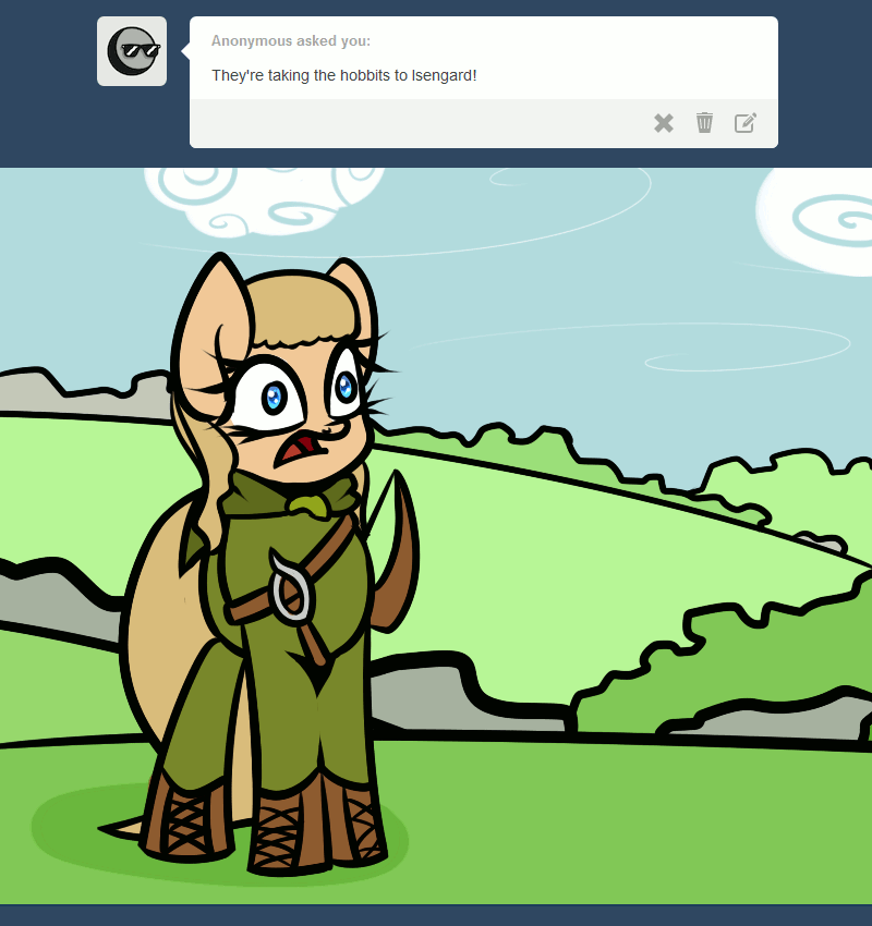 Size: 800x850 | Tagged: safe, artist:slavedemorto, oc, oc only, oc:backy, animated, clothing, d:, legolas, lord of the rings, open mouth, solo, they're taking the hobbits to isengard, tumblr, wide eyes, wigglepic