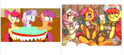 Size: 519x231 | Tagged: safe, artist:animatedjames, artist:atryl, edit, edited screencap, screencap, character:apple bloom, character:scootaloo, character:sweetie belle, species:anthro, species:earth pony, species:pegasus, species:pony, species:unguligrade anthro, species:unicorn, derpibooru, bandaid, blushing, clothing, cutie mark crusaders, dress, exploitable meme, eyelashes, fluffy, frown, grin, juxtaposition, juxtaposition win, letter, looking at you, meme, meta, mouth hold, overalls, p<3nies, shocked, sitting, smiling, underhoof, valentine, wink