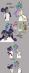 Size: 900x2208 | Tagged: safe, artist:egophiliac, character:applejack, character:fluttershy, character:pinkie pie, character:princess celestia, character:rainbow dash, character:rarity, character:trixie, character:twilight sparkle, species:human, arms in the air, artificial intelligence, clothing, comic, dialogue, dress, eyes closed, eyeshadow, gloves, goggles, hand on hip, hat, humanized, inconvenient trixie, lab coat, mad scientist, makeup, mane six, open mouth, pony coloring, robot, scientist, smiling, steampunk, steamquestria, text, woonoggles, yay