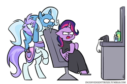 Size: 856x568 | Tagged: safe, artist:egophiliac, character:trixie, character:twilight sparkle, character:twilight sparkle (alicorn), species:alicorn, species:earth pony, species:pony, species:unicorn, alternate hairstyle, angry, chair, female, hair dryer, haircut, inconvenient trixie, mare, mouth hold, rearing, roxie, roxie rave, scissors, simple background, sitting, sitting on head, tumblr, tumblr:inconvenient trixie, twilight is not amused, unamused, white background, woonoggles