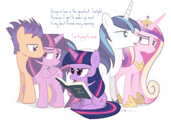 Size: 1200x850 | Tagged: safe, artist:dm29, character:flash sentry, character:princess cadance, character:shining armor, character:twilight sparkle, character:twilight sparkle (alicorn), species:alicorn, species:pony, ship:flashlight, ship:shiningcadance, annoyed, bedroom eyes, book, bookhorse, dialogue, eye contact, female, floppy ears, frown, glare, grumpy, holding hooves, magic, male, mare, ponidox, reading, romance, self ponidox, shipping, simple background, sitting, smiling, straight, telekinesis, transparent background