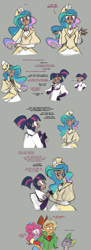 Size: 1165x3192 | Tagged: safe, artist:egophiliac, character:applejack, character:fluttershy, character:pinkie pie, character:princess celestia, character:rainbow dash, character:rarity, character:spike, character:twilight sparkle, species:human, artificial intelligence, clothing, comic, dark skin, goggles, gray background, humanized, lab coat, mad scientist, mane six, pinkie being pinkie, pony coloring, robot, scientist, simple background, steampunk, steamquestria