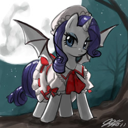 Size: 900x900 | Tagged: safe, artist:johnjoseco, character:rarity, species:pony, species:unicorn, g4, bat wings, cosplay, crossover, female, mare, moon, night, remilia scarlet, remirarity, solo, touhou, vampire