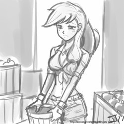 Size: 800x800 | Tagged: safe, artist:johnjoseco, character:applejack, species:human, belly button, clothing, daisy dukes, female, front knot midriff, grayscale, humanized, midriff, monochrome, solo, tired