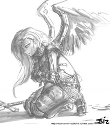 Size: 1000x1143 | Tagged: safe, artist:johnjoseco, character:fluttershy, species:human, angel, armor, badass, blood, broken, flutterbadass, fluttershy the angel, grayscale, humanized, monochrome, sword, weapon, winged humanization, wings