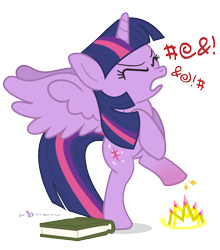 Size: 770x875 | Tagged: safe, artist:dm29, character:twilight sparkle, character:twilight sparkle (alicorn), species:alicorn, species:pony, agony of the feet, bipedal, book, censored vulgarity, crown, female, grawlixes, injured, jewelry, mare, new crown, ouch, pain, regalia, simple background, solo, transparent background, vulgar