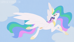 Size: 1920x1080 | Tagged: safe, artist:egophiliac, character:princess celestia, character:twilight sparkle, character:twilight sparkle (unicorn), species:alicorn, species:pony, species:unicorn, g4, female, filly, flying, mare, momlestia, ponies riding ponies, sky, wallpaper