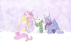 Size: 2048x1536 | Tagged: safe, artist:egophiliac, character:princess celestia, character:princess luna, species:alicorn, species:pony, g4, clothing, duo, female, mare, mouth hold, pink-mane celestia, royal sisters, s1 luna, scarf, sisters, sitting, snow, snowfall, snowmare, snowpony