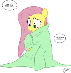 Size: 737x762 | Tagged: safe, artist:egophiliac, character:fluttershy, species:pegasus, species:pony, g4, female, mare, simple background, sitting, snuggie, solo, transparent background