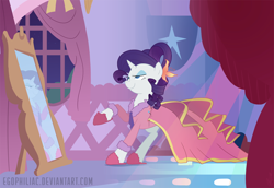 Size: 1800x1238 | Tagged: safe, artist:egophiliac, character:rarity, species:pony, species:unicorn, carousel boutique, clothing, dress, dressing gown, female, gala dress, mare, mirror, pins, raised hoof, slippers, solo