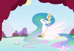 Size: 1800x1238 | Tagged: safe, artist:egophiliac, character:princess celestia, species:alicorn, species:pony, g4, beautiful, behaving like a bird, behaving like a duck, big wings, female, floating, flower, folded wings, lily pad, long mane, long tail, looking up, majestic, mare, mountain, pond, show accurate, smiling, solo, sparkles, spring, sun, swanlestia, swimming, swimming pool, water