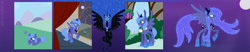 Size: 3263x675 | Tagged: safe, artist:egophiliac, character:nightmare moon, character:princess luna, species:alicorn, species:pony, g4, adult, aging, cute, female, filly, mare, s1 luna, through the years, ultimate luna, woona