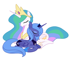 Size: 700x600 | Tagged: safe, artist:egophiliac, character:princess celestia, character:princess luna, species:alicorn, species:pony, g4, crown, duo, eyes closed, female, hoof shoes, jewelry, mare, peytral, prone, regalia, royal sisters, s1 luna, simple background, sisters, swanluna, transparent background