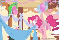 Size: 1800x1238 | Tagged: safe, artist:egophiliac, character:gummy, character:pinkie pie, species:earth pony, species:pony, balloon, colored pupils, cupcake, decoration, female, floating, food, mare, mouth hold, sugarcube corner, then watch her balloons lift her up to the sky