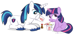Size: 900x432 | Tagged: safe, artist:dm29, character:shining armor, character:twilight sparkle, brother and sister, chinese food, chopsticks, cute, duo, eating, feed bag, female, filly, food, magic, male, shining adorable, simple background, soy sauce, transparent background