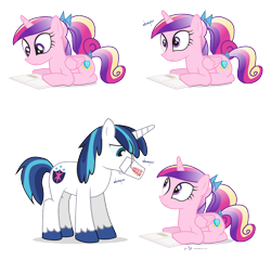 Size: 960x920 | Tagged: safe, artist:dm29, character:princess cadance, character:shining armor, species:alicorn, species:pony, species:unicorn, chinese food, confused, cute, cutedance, duo, eye contact, feed bag, female, horse problems, lidded eyes, looking at each other, looking down, male, mare, onomatopoeia, reading, sad, shining adorable, simple background, smiling, stallion, stuck, transparent background, whimpering, wide eyes
