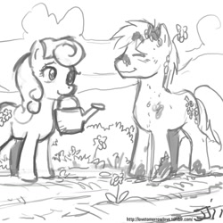 Size: 1280x1280 | Tagged: safe, artist:johnjoseco, character:daisy, character:goldengrape, ship:daisygrape, female, garden, grayscale, male, monochrome, shipping, straight