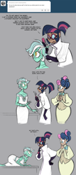Size: 899x2060 | Tagged: safe, artist:egophiliac, character:bon bon, character:lyra heartstrings, character:sweetie drops, character:twilight sparkle, species:human, artificial intelligence, c:, clothing, comic, dress, gloves, gray background, hips, humanized, lab coat, prone, robot, robots doing horse things, role reversal, simple background, smiling, steampunk, steamquestria, surprised, thinking, wide eyes