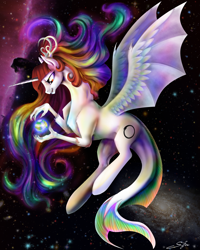 Size: 4000x5000 | Tagged: safe, artist:silfoe, oc, oc only, oc:fausticorn, species:draconequus, absurd resolution, and that's how equestria was made, antlers, blackest night, blackest night equestria, cosmic giant, creation, emotional spectrum, entity, ethereal mane, fish tail, galaxy, goddess, green lantern, horsehead nebula, hybrid wings, life, macro, merpony, origin story, ouroboros, planet, pony bigger than a planet, smiling, solo, space, spread wings, stars, wings, world