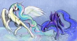 Size: 2000x1080 | Tagged: safe, artist:silfoe, character:princess celestia, character:princess luna, species:alicorn, species:pony, beach, duo, duo female, female, mare, sisters