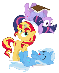 Size: 900x1110 | Tagged: safe, artist:dm29, character:sunset shimmer, character:trixie, character:twilight sparkle, character:twilight sparkle (alicorn), species:alicorn, species:pony, species:unicorn, book, counterparts, laughing, levitation, magic, magical trio, on back, simple background, transparent background, trio, twilight's counterparts, upside down