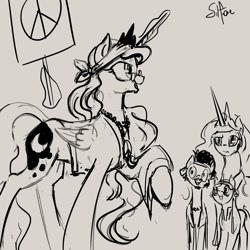 Size: 1280x1280 | Tagged: safe, artist:silfoe, character:flax seed, character:princess celestia, character:princess luna, character:wheat grass, lunadoodle, bandana, glasses, grayscale, hippie, magic, monochrome, necklace, peace symbol, raised hoof, sketch
