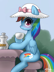 Size: 700x933 | Tagged: safe, artist:johnjoseco, character:rainbow dash, species:pegasus, species:pony, awkward, awkward moment, blushing, caught, cloche hat, clothing, cutie mark, dressup, embarrassed, fancy, female, flank, funny, hat, mare, rainbow dash always dresses in style, signature, sitting, solo, tea, tea party, teacup, wings