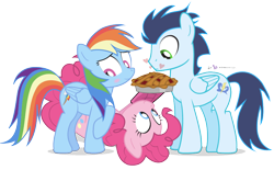 Size: 950x588 | Tagged: safe, artist:dm29, character:pinkie pie, character:rainbow dash, character:soarin', ship:soarindash, ship:soarinpie, blushing, crush, cute, female, heart, male, pie, pie seduce, pun, shipper on deck, shipping, simple background, soarin' gets all the mares, straight, that pony sure does love pies, transparent background, trio