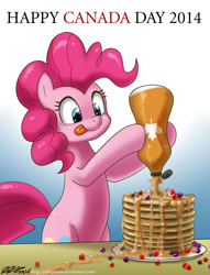 Size: 800x1046 | Tagged: safe, artist:johnjoseco, character:pinkie pie, canada, canada day, canadian, female, maple syrup, pancakes, solo, syrup