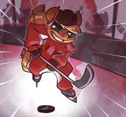 Size: 1500x1393 | Tagged: safe, artist:atryl, character:applejack, species:pony, 30 minute art challenge, bipedal, canada, canada day, female, helmet, hockey, hockey stick, ice skating, looking at you, puck, semi-anthro, smiling, solo