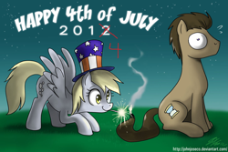 Size: 1100x733 | Tagged: safe, artist:johnjoseco, edit, character:derpy hooves, character:doctor whooves, character:time turner, species:pegasus, species:pony, 4th of july, american independence day, clothing, female, hat, independence day, mare, this will end in fire, this will end in laughs, this will end in tears