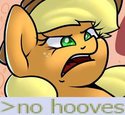 Size: 960x882 | Tagged: safe, artist:slavedemorto, edit, character:applejack, >no hooves, cropped, ew gay, expand dong, exploitable meme, female, meme, no hooves, solo