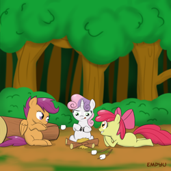 Size: 1000x1000 | Tagged: safe, artist:empyu, character:apple bloom, character:scootaloo, character:sweetie belle, species:pegasus, species:pony, 30 minute art challenge, campfire, cutie mark crusaders, food, forest, marshmallow, this will end in fire, this will end in tears