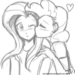 Size: 1280x1280 | Tagged: safe, artist:johnjoseco, character:fluttershy, character:pinkie pie, species:human, ship:flutterpie, female, grayscale, humanized, kissing, lesbian, monochrome, shipping