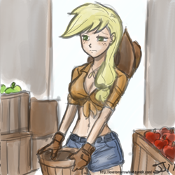 Size: 800x800 | Tagged: safe, artist:johnjoseco, artist:michos, character:applejack, species:human, belly button, clothing, daisy dukes, female, front knot midriff, humanized, midriff, solo, tired
