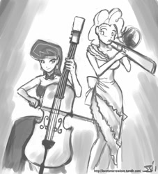 Size: 909x1000 | Tagged: safe, artist:johnjoseco, character:octavia melody, character:pinkie pie, species:human, grayscale, humanized, monochrome