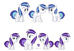 Size: 840x587 | Tagged: safe, artist:dm29, oc, oc only, oc:violet starshine, parent:princess cadance, parent:shining armor, parents:shiningcadance, species:pony, species:unicorn, 5-year-old, colt, concept art, cutie mark, filly, looking back, looking up, male, offspring, reference sheet, smiling, solo