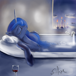 Size: 1280x1280 | Tagged: safe, artist:silfoe, character:princess luna, species:pony, lunadoodle, bath, bathtub, candle, cloud, eyes closed, female, mare, relaxing, smiling, solo, steam, water, wine, wine glass