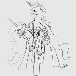 Size: 1280x1280 | Tagged: safe, artist:silfoe, character:princess celestia, character:princess luna, lunadoodle, bit gag, bridle, celestia is not amused, cigarette, clothing, cowboy hat, frown, gag, grayscale, gritted teeth, gun, hat, holster, how, monochrome, mouth hold, ponies riding ponies, reins, revolver, saddle, serious, simple background, sketch, smoking, spurs, stirrups, wat, whip, wide eyes