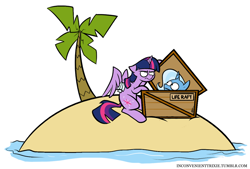 Size: 900x610 | Tagged: safe, artist:egophiliac, character:trixie, character:twilight sparkle, character:twilight sparkle (alicorn), species:alicorn, species:pony, species:unicorn, bandage, crate, desert island, duo, female, inconvenient trixie, injured wing, island, mare, palm tree, simple background, tree, tumblr, tumblr:inconvenient trixie, twilight is not amused, unamused, white background