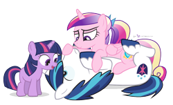 Size: 1110x675 | Tagged: safe, artist:dm29, character:princess cadance, character:shining armor, character:twilight sparkle, ship:shiningcadance, annoyed, bedroom eyes, cuddling, female, filly, male, shipping, simple background, smiling, snuggling, straight, tackle, transparent background, trio