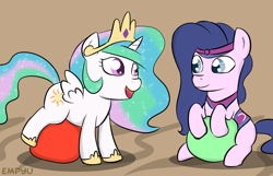 Size: 1000x642 | Tagged: safe, artist:empyu, character:amira, character:princess celestia, g4, amirabetes, ball, cewestia, cute, cutelestia, exercise ball, eye contact, filly, happy, open mouth, saddle arabian, smiling, younger