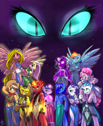Size: 1400x1716 | Tagged: safe, artist:atryl, character:applejack, character:fluttershy, character:nightmare moon, character:pinkie pie, character:princess luna, character:rainbow dash, character:rarity, character:twilight sparkle, oc, oc:agua, oc:cryo, oc:gem, oc:pyro, oc:terra, oc:typhoon, species:anthro, bare chest, belly button, breasts, clothing, earth, fire, ice, loincloth, mane six, midriff, plasma, side slit, topless, water, wind