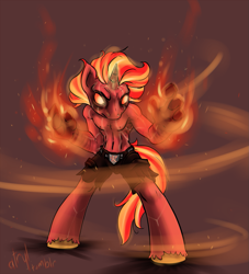 Size: 1089x1200 | Tagged: safe, artist:atryl, oc, oc only, oc:pyro, species:anthro, species:unguligrade anthro, anthro oc, bare chest, clothing, fire, simple background, solo, topless
