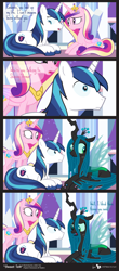 Size: 855x1944 | Tagged: safe, artist:dm29, character:princess cadance, character:queen chrysalis, character:shining armor, species:alicorn, species:changeling, species:pony, species:unicorn, ship:chrysarmordance, changeling queen, comic, cute, cutealis, disguise, disguised changeling, fake cadance, feels, female, polyamory, sad, shining armor gets all the mares, shining armor is a goddamn moron, shipping, trio, vector